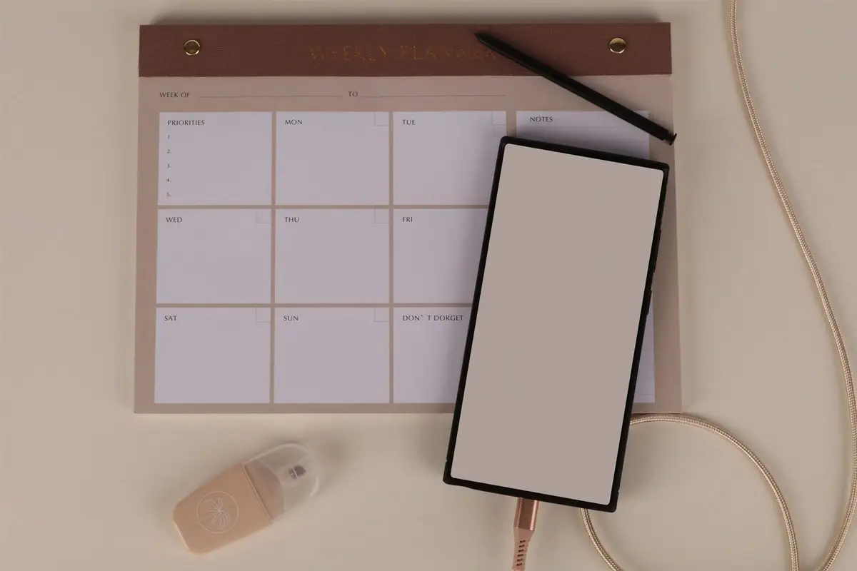 Mesa de trabalho com planner semanal e celular, tema de estoicismo e produtividade