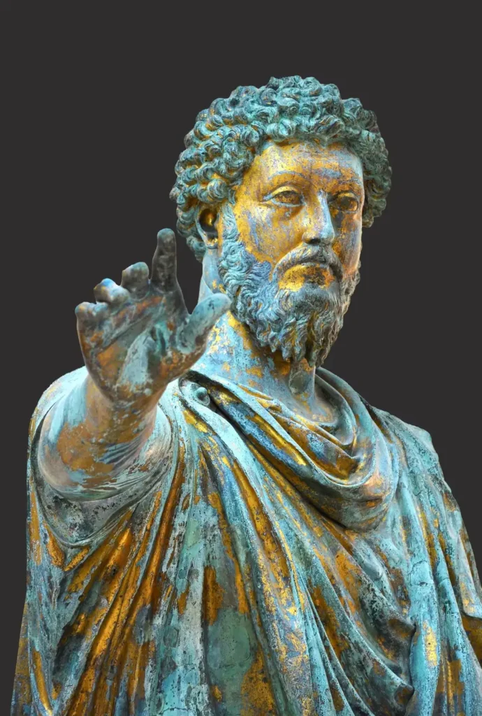 Estátua de bronze de Marco Aurélio com a mão erguida, tema das frases de Marco Aurélio