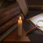 Livros antigos, vela e lupa sobre a mesa, representando as frases de Sêneca