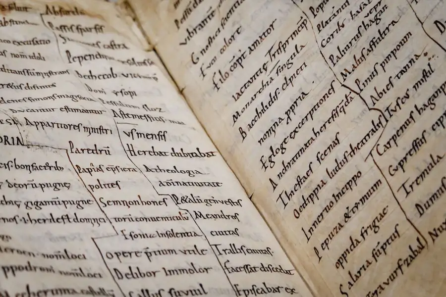 Páginas de um manuscrito antigo escrito à mão em latim