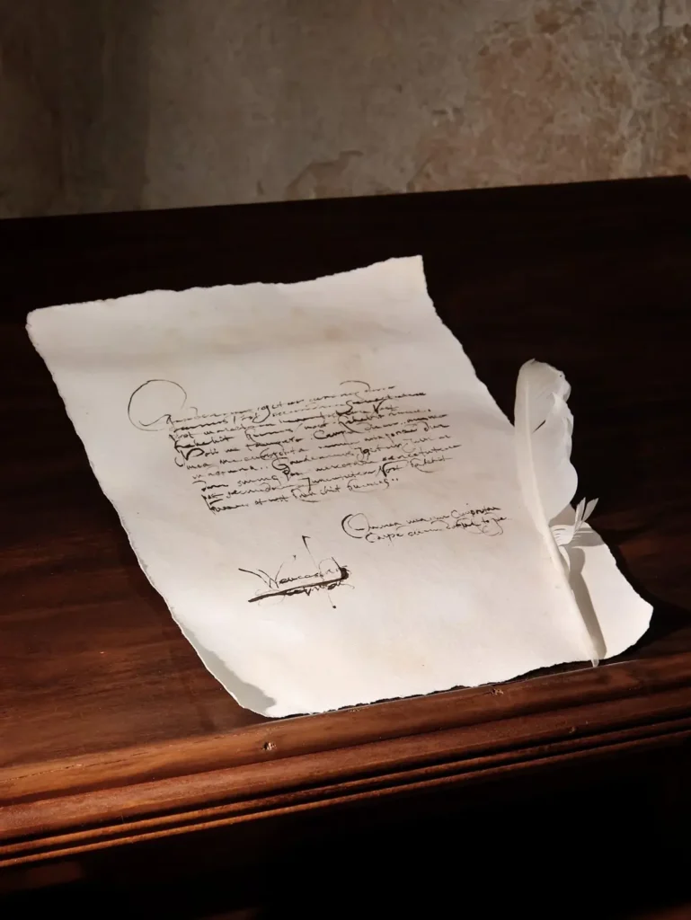 Manuscrito antigo com pena de escrever sobre mesa de madeira, tema de quem foi Sêneca