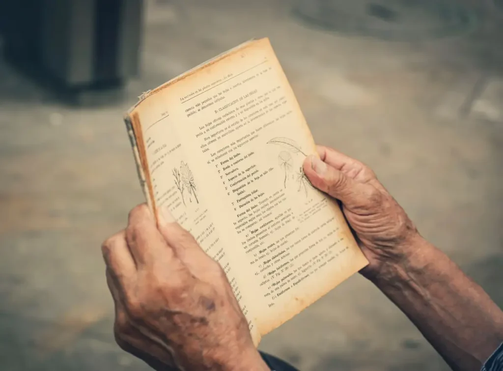 Mãos de pessoa idosa segurando um livro antigo aberto