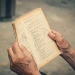 Mãos de pessoa idosa segurando um livro antigo aberto