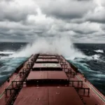 Navio enfrentando ondas fortes em mar agitado sob céu de tempestade